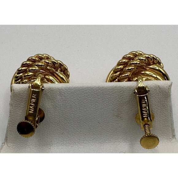 Vintage NAPIER Woven Knot Gold Tone Textured Screw On Clip On Earrings - Picture 4 of 7